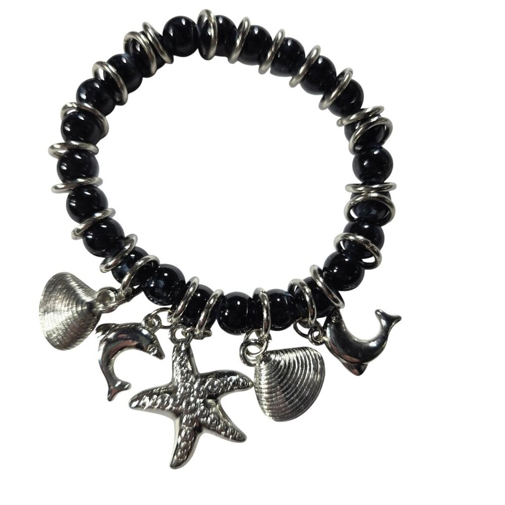 Stretch Beaded Bracelet Silver-Tone Sea Charms: Starfish Dolphin Shells Whale